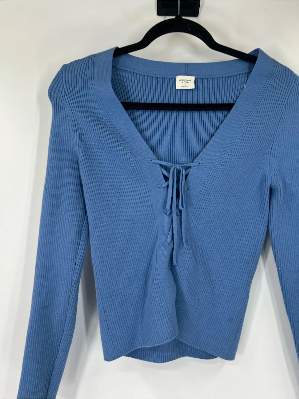Abercrombie & Fitch Lace-Up Ribbed Long Sleeve Sweater Blue